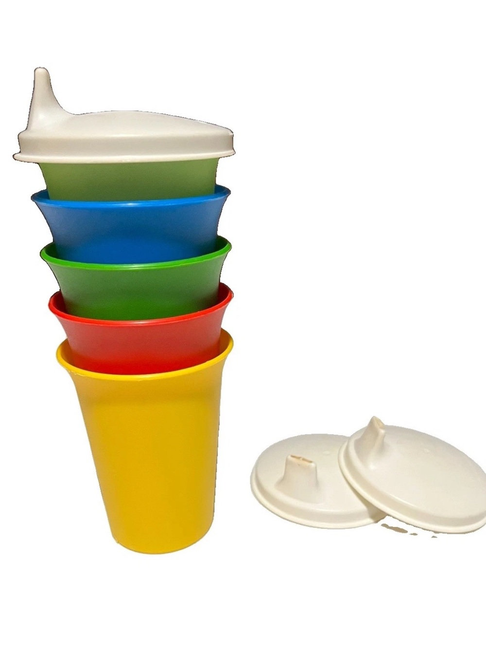 Vintage Tupperware #109 Classic Kids Bell Tumblers 7oz Cups  Lot Of 5 w/  3Lids